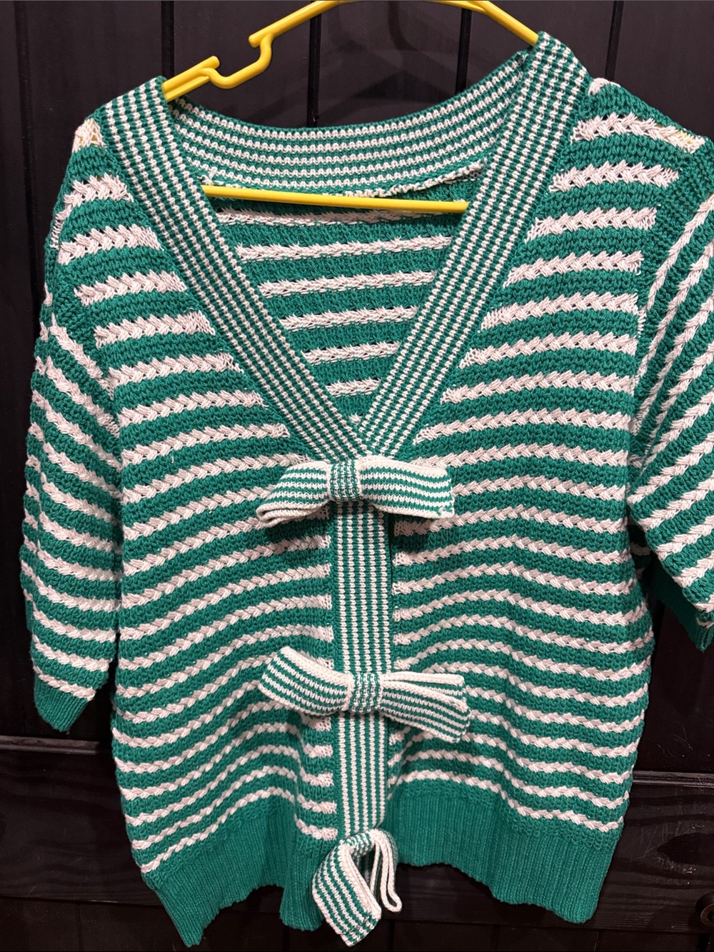 Striped Green and Cream V-Neck Bow-Front Sweater